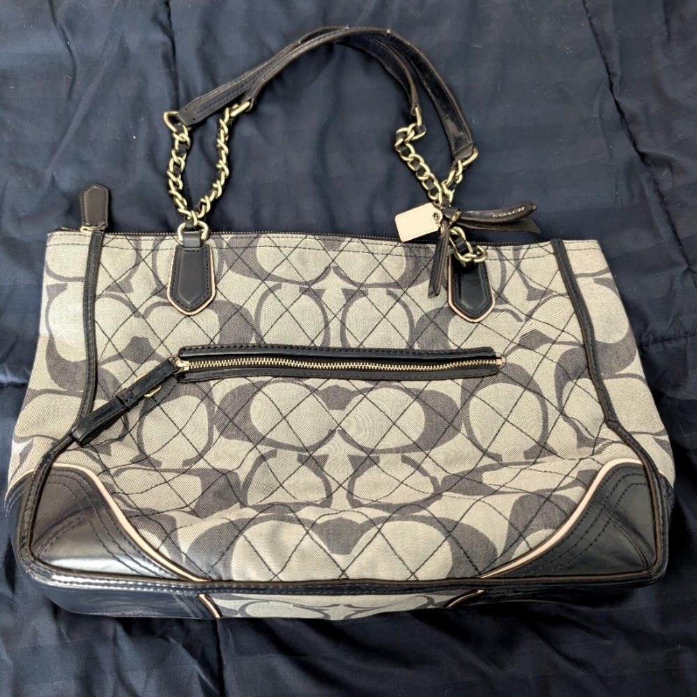 Coach Navy Blue Poppy Quilted Signature C Denim Chain Tote F25063 